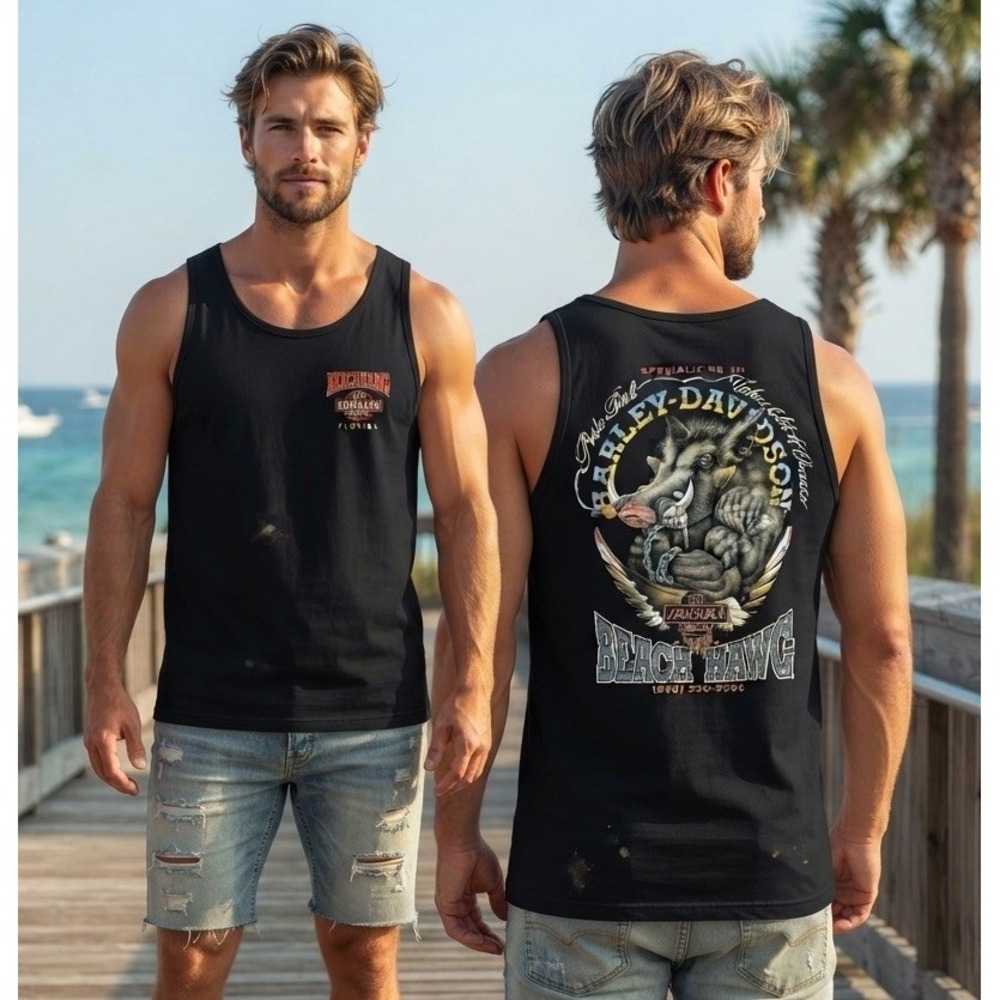 Anvil Harley-Davidson Graphic Tank Top Men's XL Beach Hawg Black Cotton Biker
